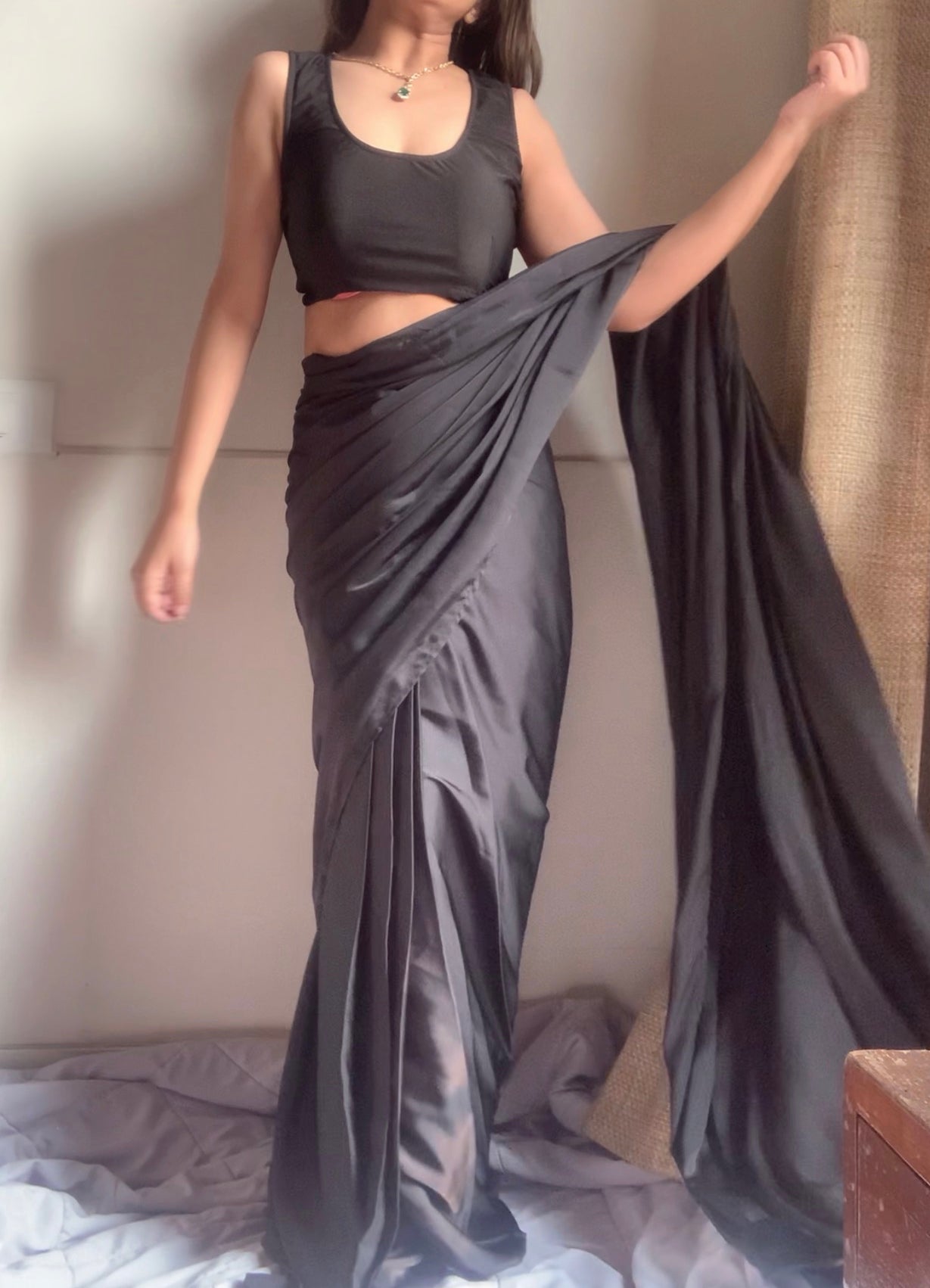 Satin Pre Draped Saree With Lycra Blouse : Black