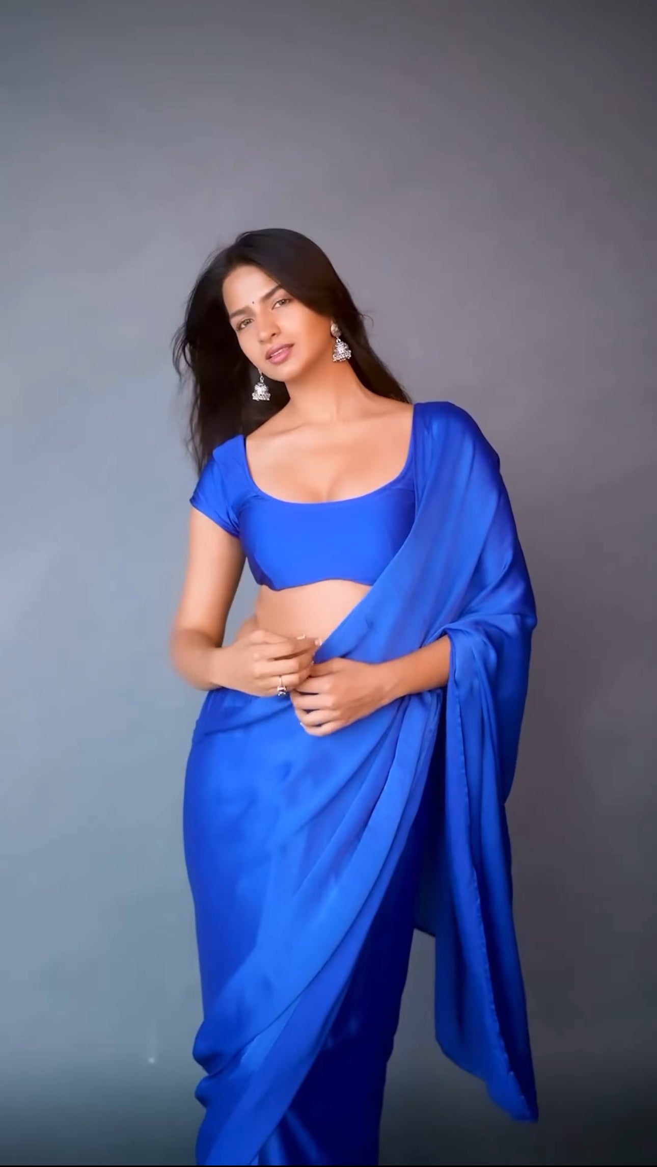 Satin Pre Draped Saree With Lycra Blouse : Blue