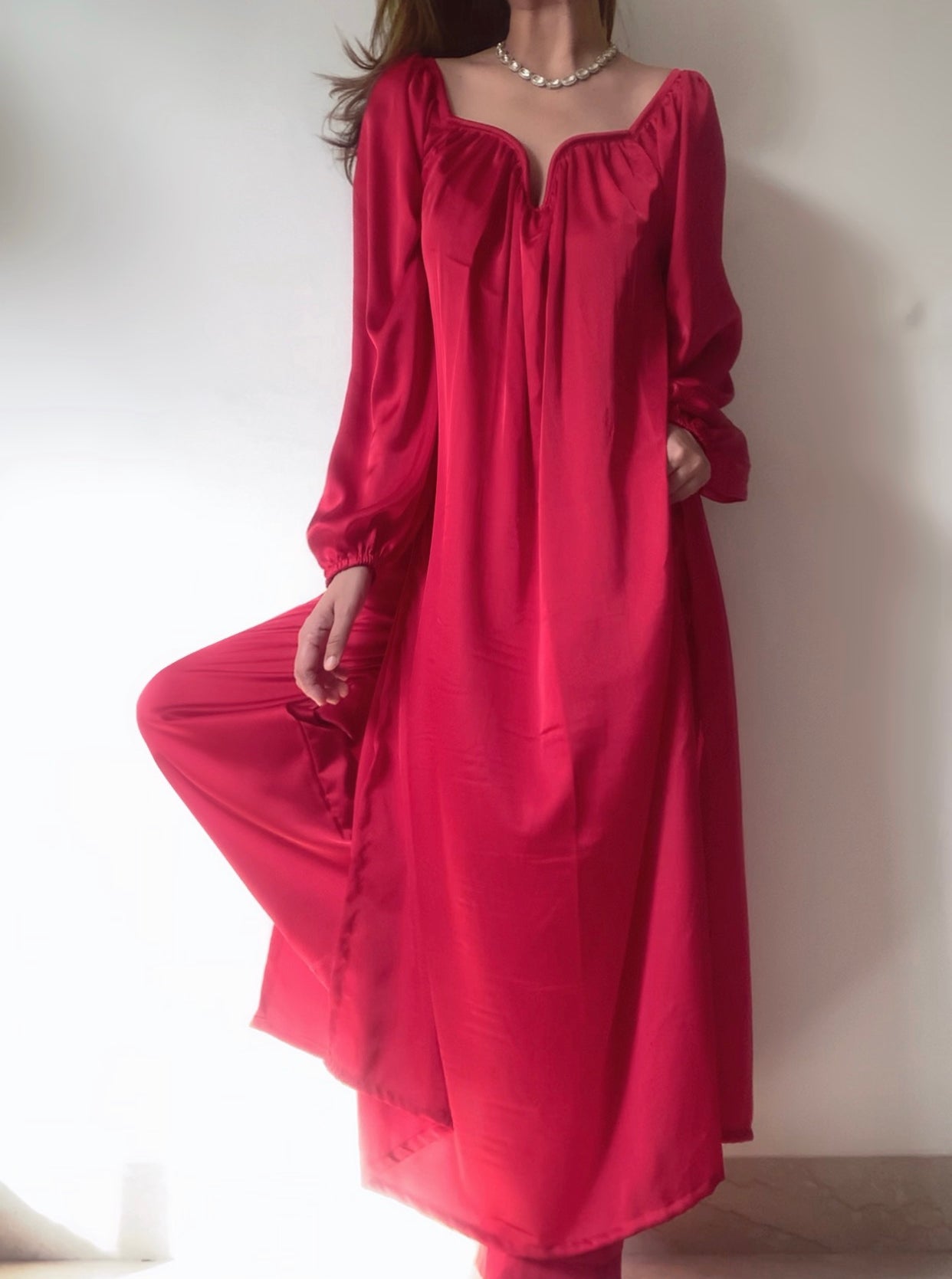 The Valentina Festive Satin: Red Kurta Set