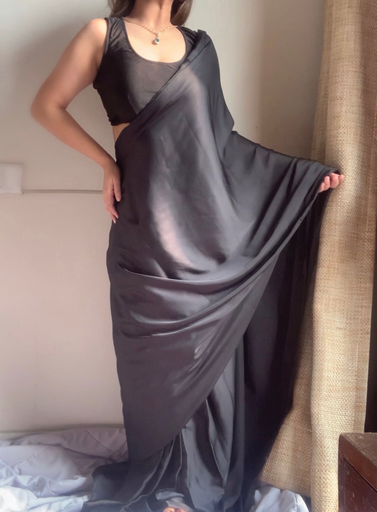 Satin Pre Draped Saree With Lycra Blouse : Black