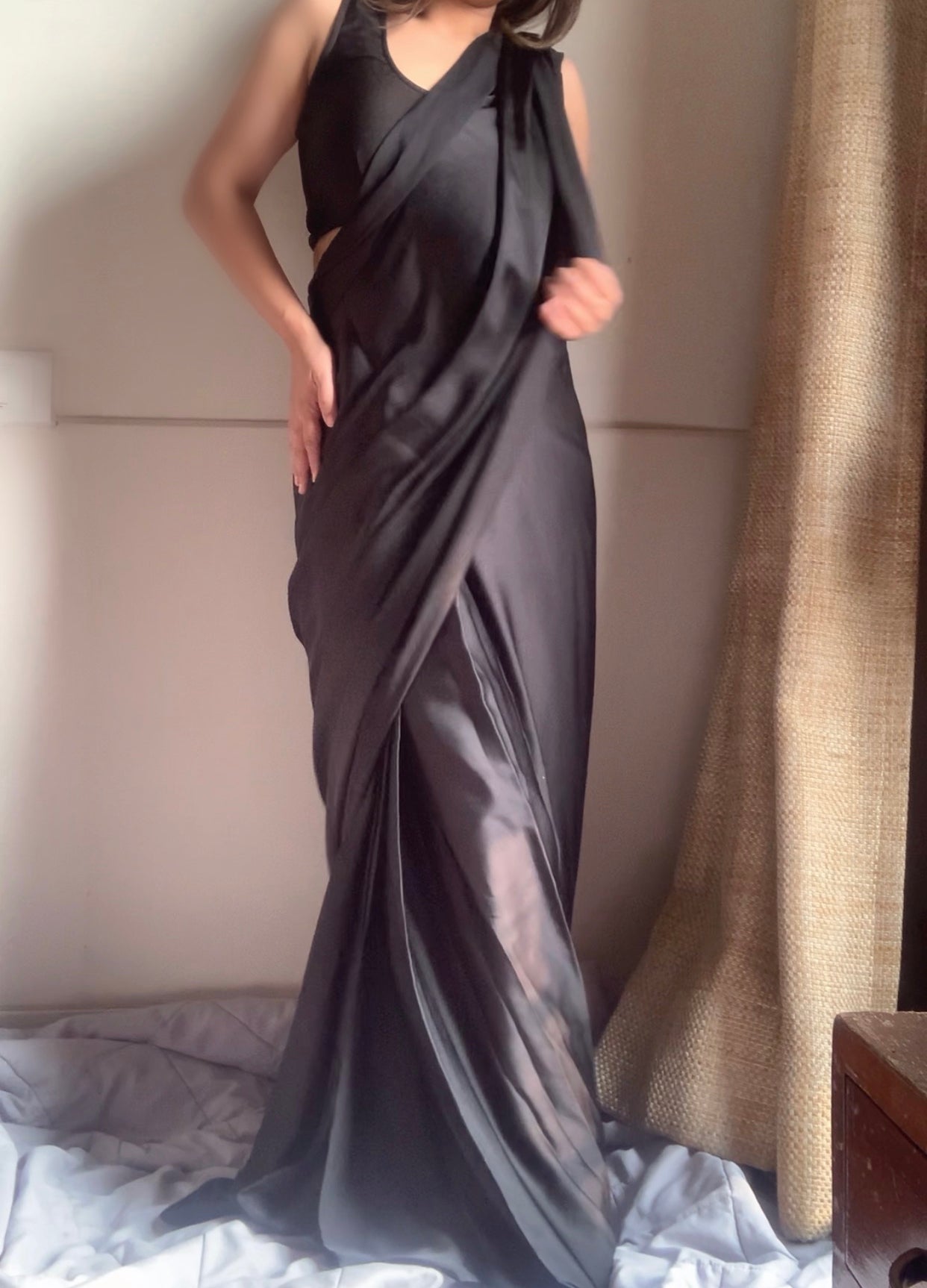 Satin Pre Draped Saree With Lycra Blouse : Black