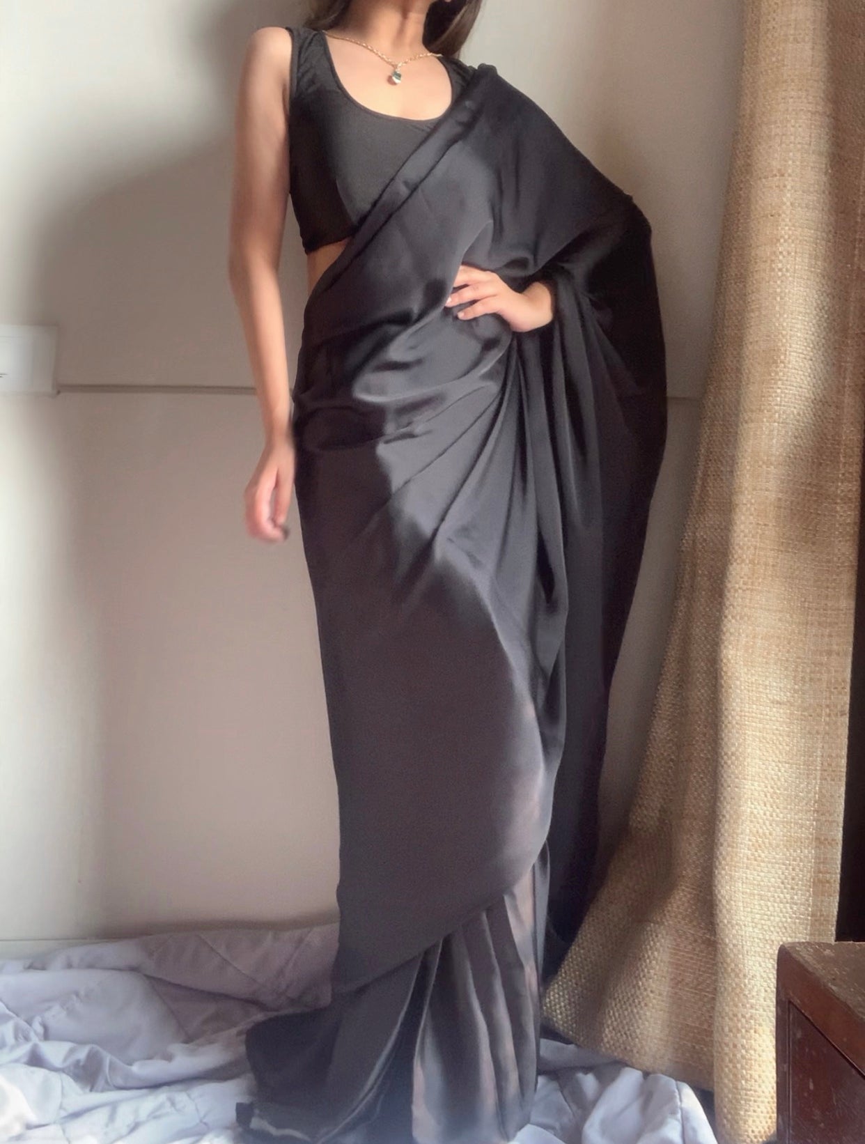 Satin Pre Draped Saree With Lycra Blouse : Black