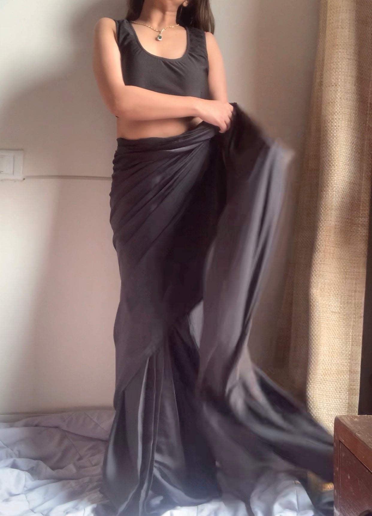 Satin Pre Draped Saree With Lycra Blouse : Black