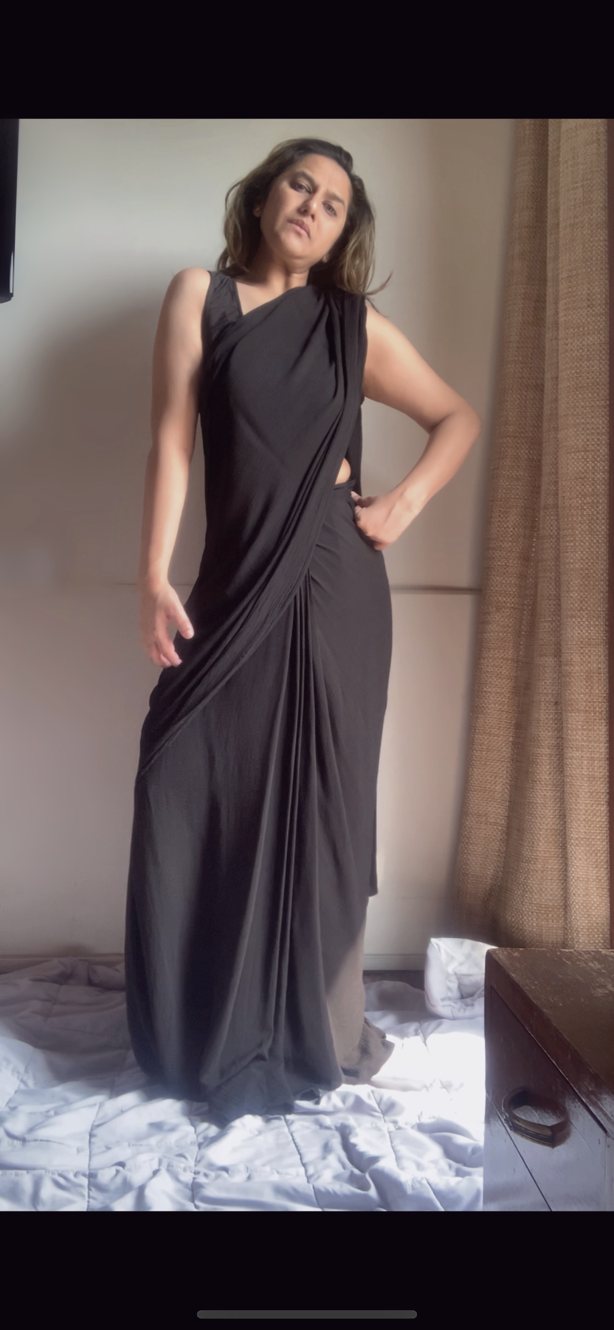 The Pre Draped Saree With Lycra Blouse : Black
