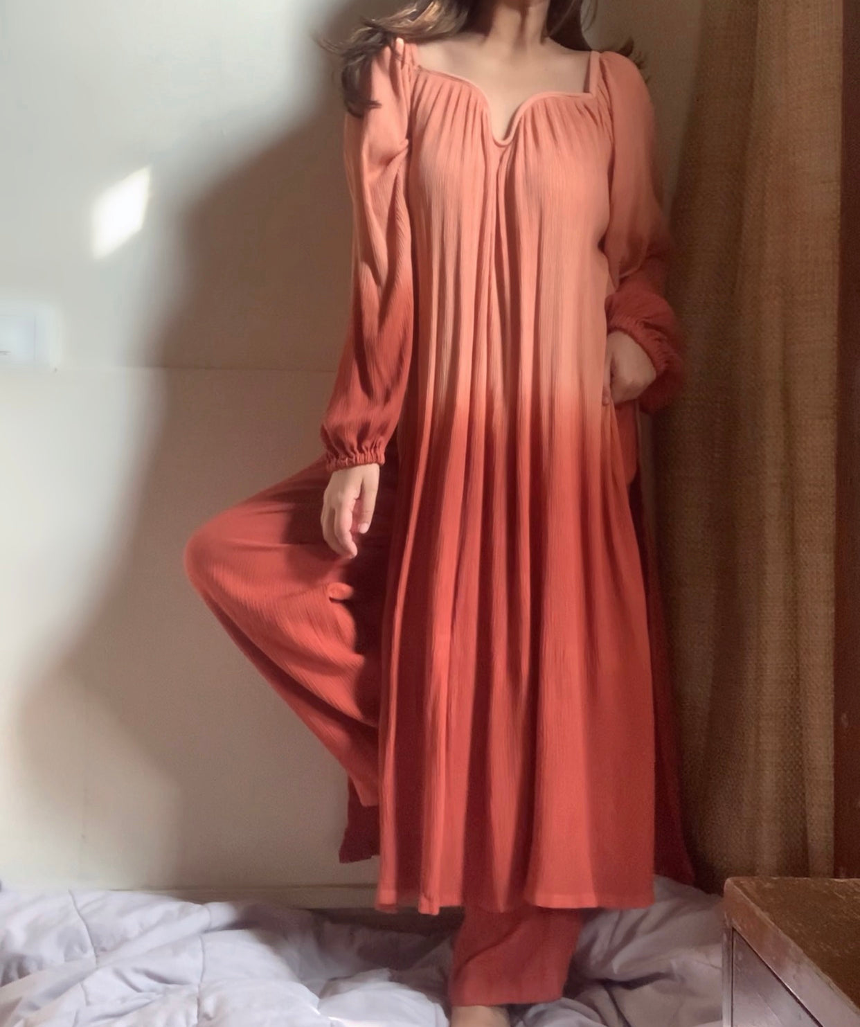 The Valentina Kurta Set : Peach And Brown Ombré