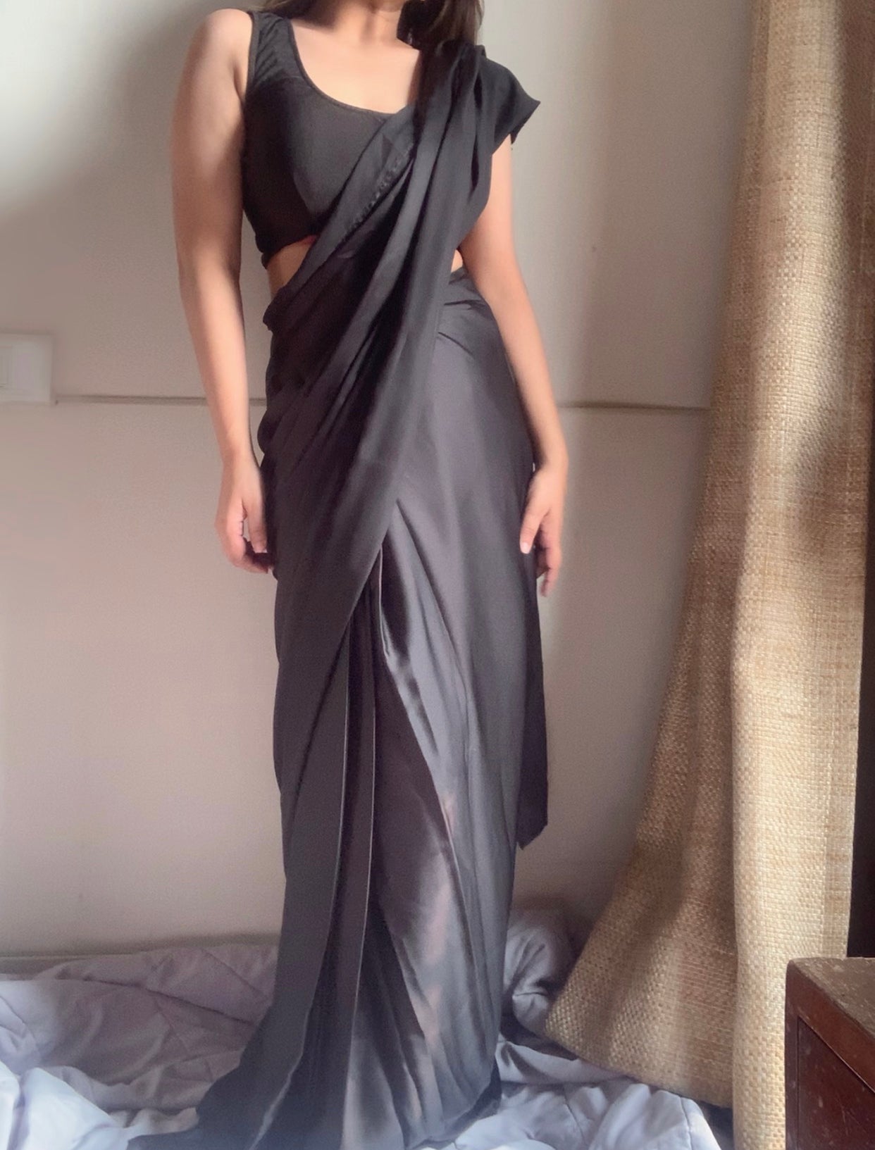 Satin Pre Draped Saree With Lycra Blouse : Black