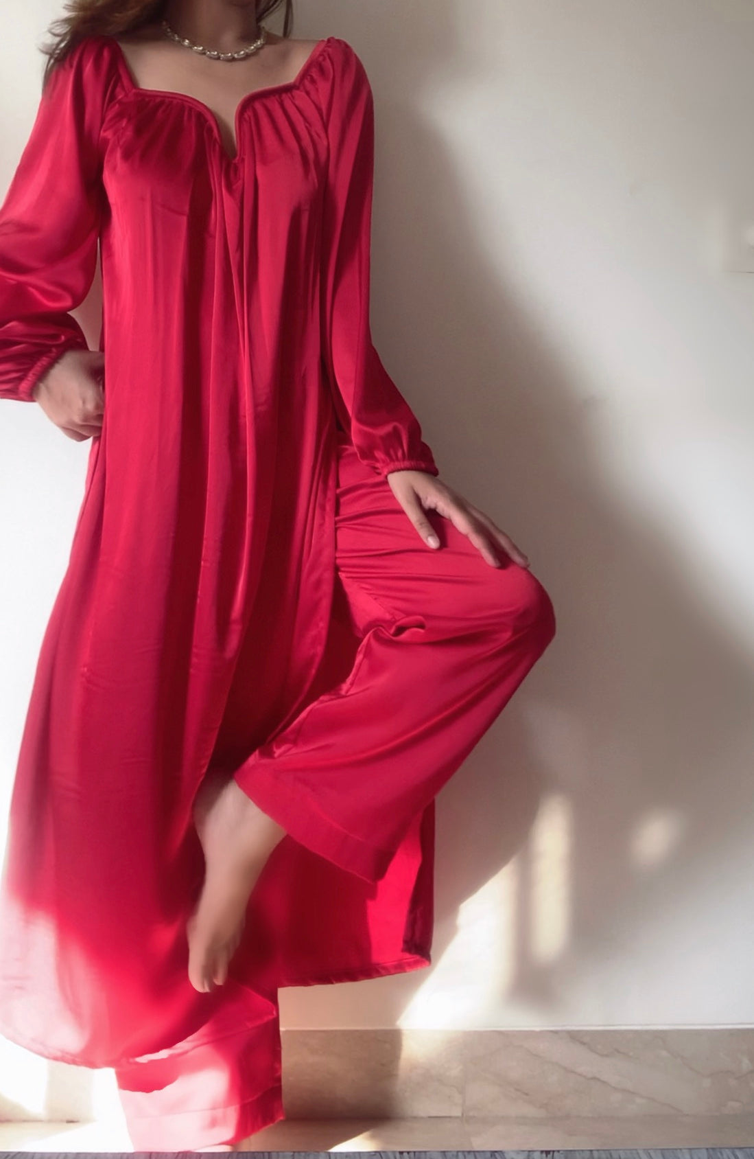 The Valentina Festive Satin: Red Kurta Set