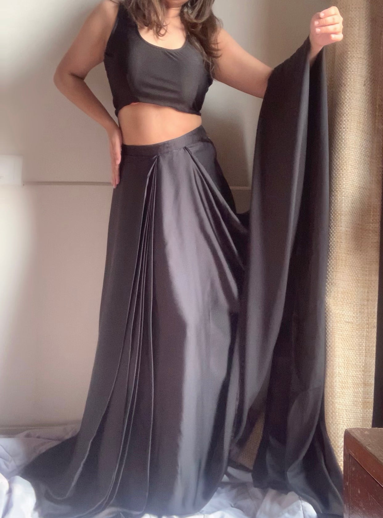 Satin Pre Draped Saree With Lycra Blouse : Black
