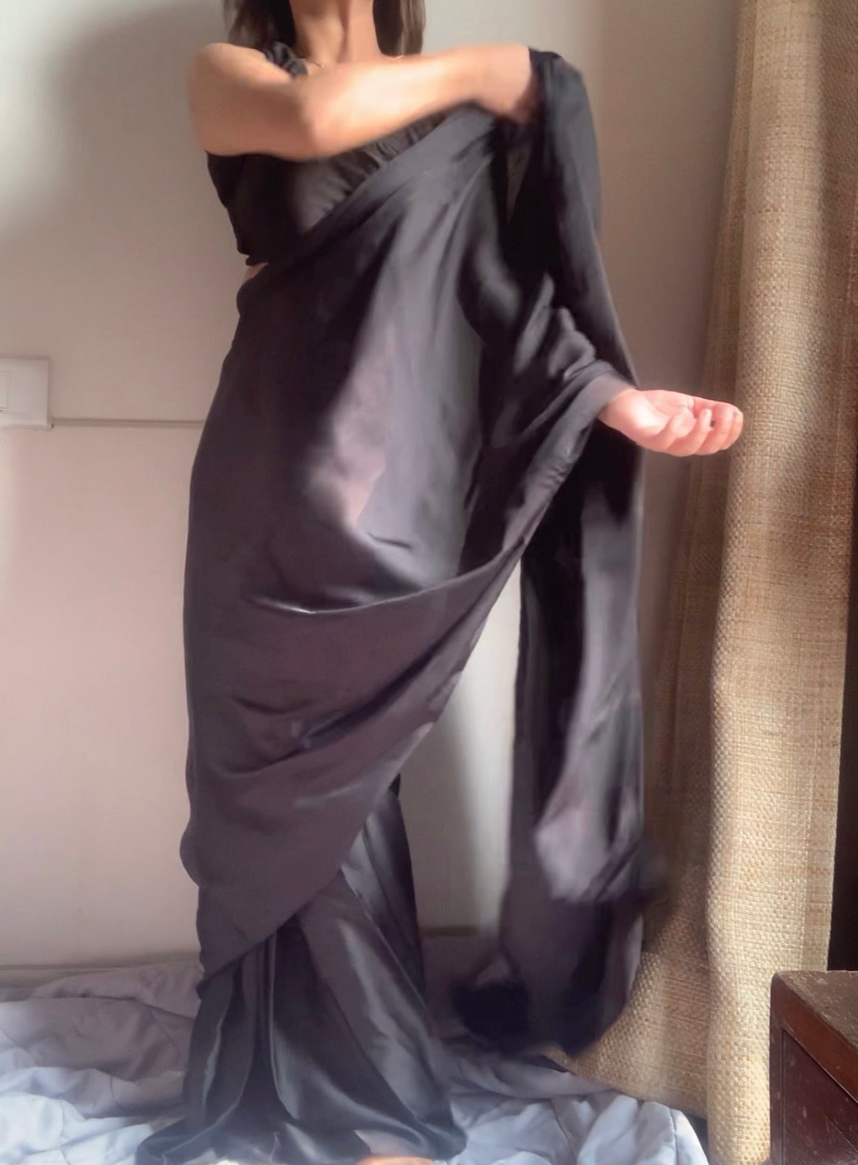 Satin Pre Draped Saree With Lycra Blouse : Black