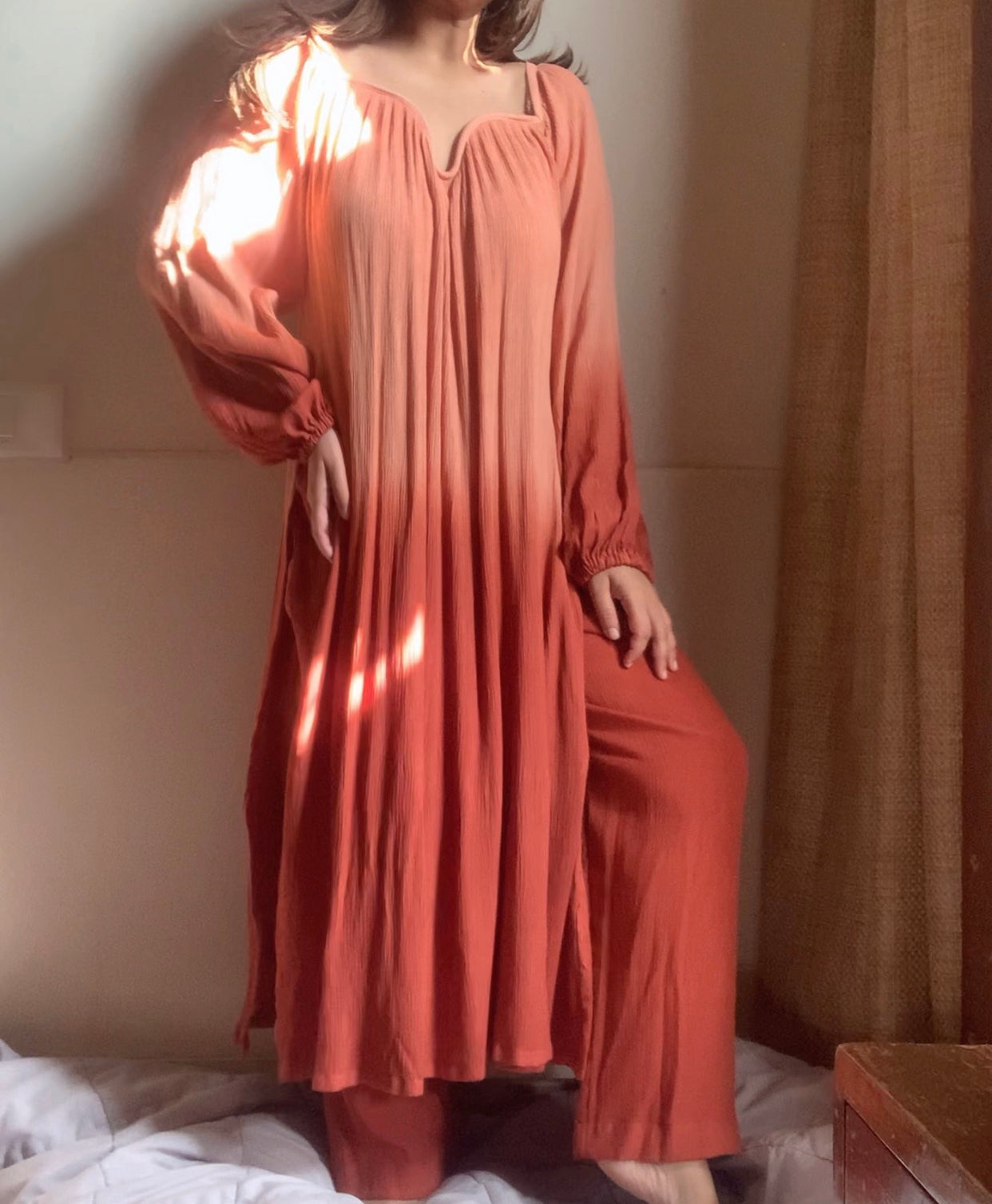 The Valentina Kurta Set : Peach And Brown Ombré
