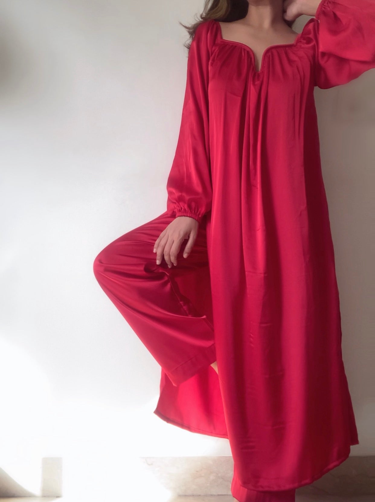 The Valentina Festive Satin: Red Kurta Set