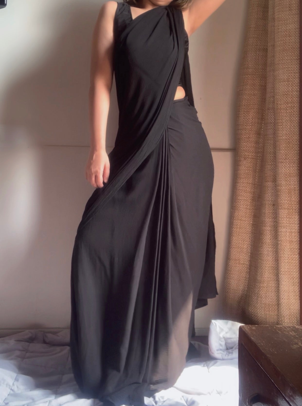 The Pre Draped Saree With Lycra Blouse : Black